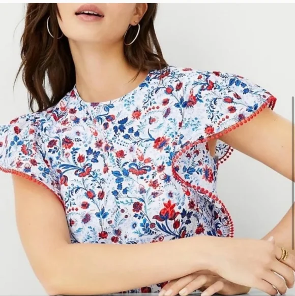 Ann Taylor Floral Ruffle Sleeve Maxi Dress Large Red White & Blue - Picture 3 of 11